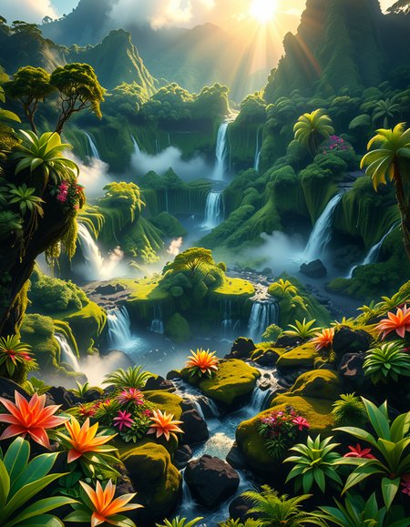 A breathtaking view of an ancient, dormant volcano now transformed into a lush, vibrant natural sanctuary. The crater is filled with dense tropical forests, colorful exotic flowers, cascading waterfalls, and mist swirling gently in the morning light. Vines and moss cover the dark volcanic rocks, and small streams wind down the slopes. while rays of sunlight pierce through the dense canopy, creating sparkling reflections on the water. The atmosphere feels peaceful, enchanted, and untouched by humans. The scene is depicted in an ultra-detailed, hyper-realistic style, with warm, soft lighting and rich, saturated colors that enhance the magical and serene mood of the landscape.
<lora:SDXLFaeTastic2400:0.4> <lora:extremely_detailed:0.4> extremely detailed, <lora:dormant_v0lc4n0:1>,dormant v0lc4n0, Masterpiece,best quality,hi res,8k,hi res,8k,award winning,(sharp focus, intricate, highly detailed),