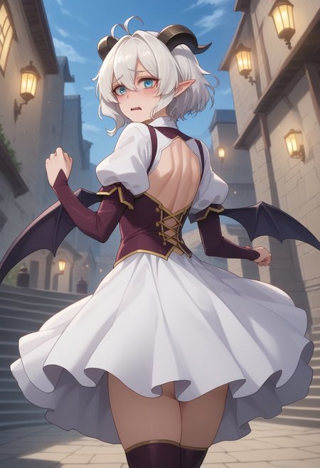 score_9, score_8_up, score_7_up, BREAK 1girl, solo, MiavtSDXL, short hair, blue eyes, hair between eyes, medium breasts, ponytail,  (white hair:1.1), ((white hair)) ((black horns)), pointy ears, goat horns, double pigtail, BREAK  Utena Hiiragi, magical girl, crazy, blush, dynamic pose, outdoors, ((back view)) (big ass) (rear view)