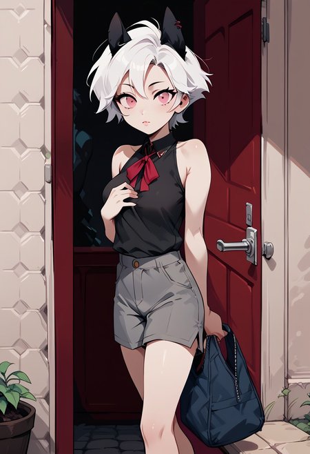 score_9, score_8_up, score_7_up, score_6_up, c1ca,1girl,adult,bare_legs, impossible_clothes, body_silhouette, adjusting clothes, eye_contact, perfect_breasts, lips parted, slim, short hair, pink eyes, white hair, animal ears, red piercing,ruanyi1043, red tie, grey shorts, fishnets, cute_expression, outdoors,porch,doorway,