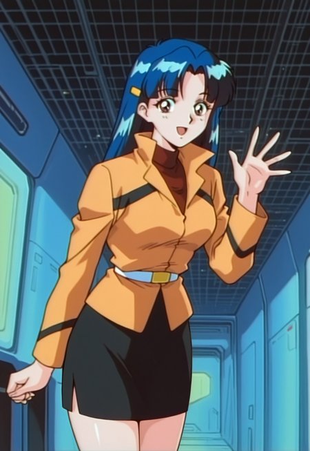 masterpiece, best quality, retro anime, cowboy shot, smile, 1girl, injuuyuri, long hair, blue hair, parted bangs, hairclip, medium breasts, turtleneck, jacket, black skirt, belt, hand up, waving, spaceship, interior,