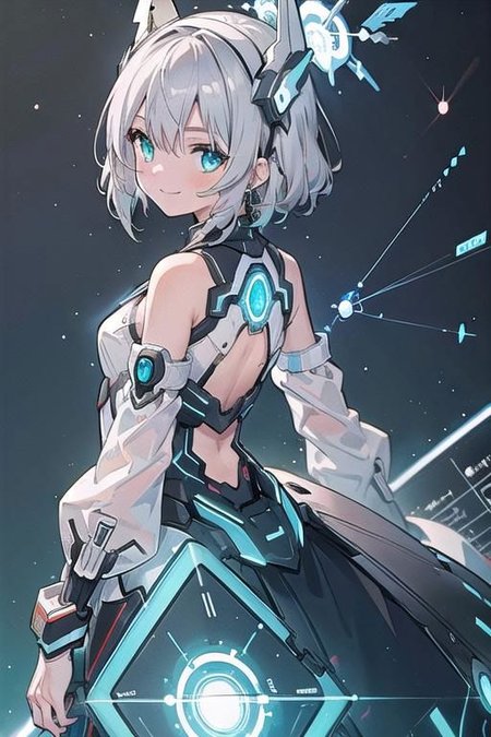 (masterpiece), (science fiction:1.4), 1girl, her back turned, smile, silver hair, aqua eyes, headgear, long sleeves, detached sleeves, glowing energy clothing, light particles