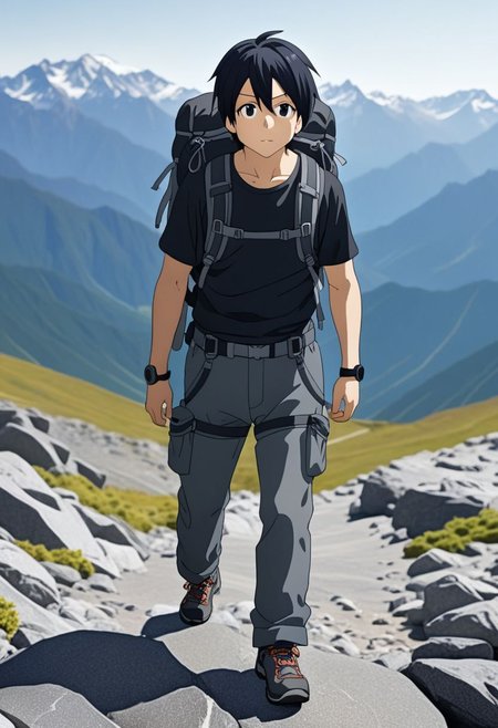 high resolution, professional photography, best quality, 1Boy, Kirigaya Kazuto, Black Hair, Black Eyes, overalldetail, hiking gear, mountains, hiking, stepping, amazed