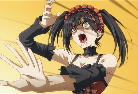 score_9, score_8_up, score_7_up, source_anime,
BREAK
<lora:shikaibaTestNoV1-000008:1>, kaibanodef,
open mouth, upper body, teeth, screaming, parody,
1girl, solo, anime screencap, anime coloring,
<lora:shiKurumiV2:1> kurdef, long hair, black hair, twintails, hairband, 
red eyes, yellow eyes, clock eyes, heterochromia, bare shoulders, detached sleeves, choker, red dress, cleavage, bow,