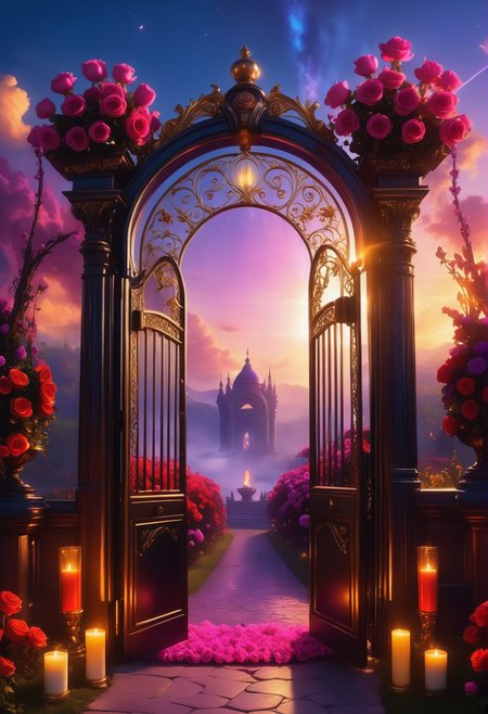 sunrise shines,landscape of a reij-ebsu gate,retro sci fi steampunk, fire <lora:ebony sunset-000001:1>, empty place, the gate surrounded by flowers is made of pam-flwr <lora:SDXL_FLOWER_STYLE:0.9>, a reij-mg outdoor room, neon light <lora:reij-moderngothic:0.8>, landscape of a Inspirational (Blind Well:1.3) , Hazy conditions, ultrafine detailed, Princesscore, pov, Rule of Thirds, cyberpunk, vintage, atmosphere, sublime, radiant, deep rich colors, advanced cinematic perfect light, perfect symmetry