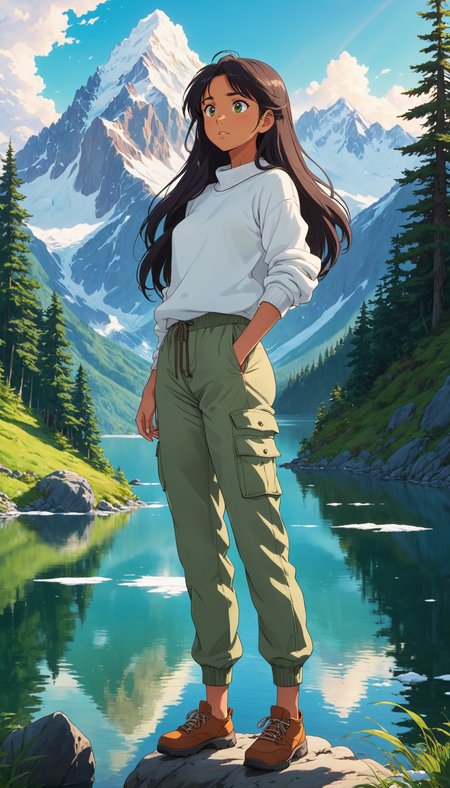 2D anime style, anime screencap, studio ghibli inspired,   a young woman with long dark hair and tanned skin, wearing a white sweater and green cargo pants, standing on the edge of a mountain lake with a confident pose. She looks out over the water, with the majestic snow-capped mountains and dense forest reflecting in the lake. The sunlight casts a warm glow on her face, enhancing the vibrant colors of the natural scenery. High detail and complexity, vibrant colors, dynamic lighting, immersive atmosphere