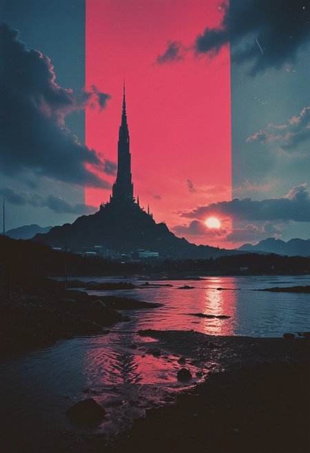 Monochrome with color, retro scan of 80s-anime-ai spectral neon Gradient ascii_art, a 80s Sci-fi Ethereal. Dark space, 80`s sci-fi book artwork, lofi, neon-pastel colors, grainy, vintage
Create a vivid description of a distant fantasy city on top of a hill in the middle of a lake, enormous buildings are visible from space, towering over the landscape in an awe-inspiring display. n30nfilm, vantablack