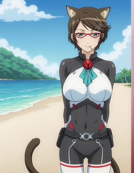 1girl, anime screencap, <lora:VexVexX_Durel_PONYXL:1>, Durel, short hair, brown hair, swept bangs, hairclip, hair ornament, green eyes, animal ears, cat ears, cat tail, lollipop, red-framed eyewear, large breasts, deep skin, skindentation, seductive smile, detailed skin, glossy skin, bodysuit, bell, thighhighs, gloves, belt, cowboy shot, from front, standing, hands behind back, legs together, thighs together, knee bent, looking at viewer, outside, beach, ocean, palm trees