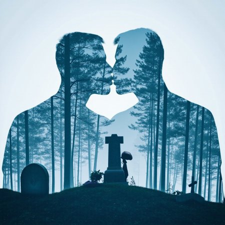 bo-exposure. A silhouette of two men kissing and a male leaving flowers at a gravestone in a graveyard double exposure. The image is monochrome in shades of blue.