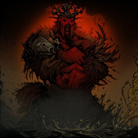score_9, score_8_up, score_7_up, score_6_u  A Highland cattle humanoid demon with a perfect, detailed face, standing in a powerful battle stance, like a champion from League of Legends. The character exudes greatness, heroism, and the aura of an invincible god. The epic armor, adorned with intricate details, shows a few battle scars, reflecting the wear of intense combat. Set against an atmospheric, bold landscape with dark cyan and red tones, this epic figure is framed by a dynamic, confrontational composition. The character’s body is positioned in an aggressive, heroic pose, ready for battle, towering like a deity. The scene is painted in the style of brunaille underpainting, with epic fantasy lighting in light red and dark bronze, inspired by hard edge painters and necronomicon illustrations. The shot is cinematic, captured on 70mm film, immersing the viewer in an expansive, dramatic environment