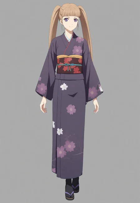 fractured violet elle, aged up, light brown hair, twintails, purple eyes, flat chest, blunt bangs, solo, 1girl, red obi, purple yukata, full body, floral print, japanese clothing, light smile