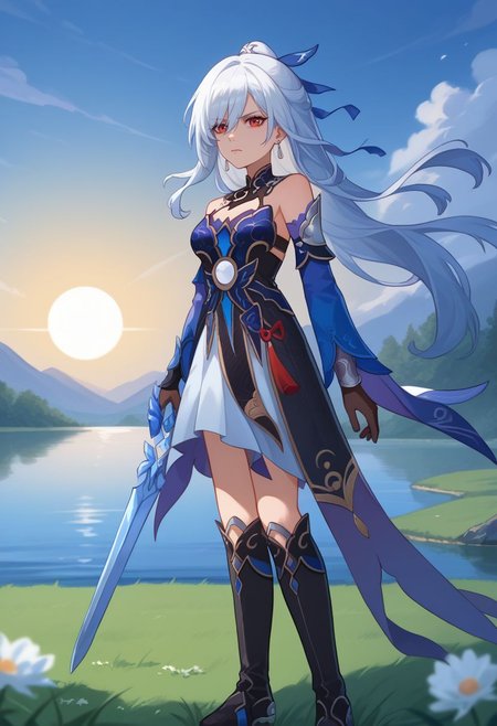 score_9, score_8_up, score_7_up, source_anime, 1girl, jingliudef, red eyes, white hair, long hair, high ponytail, earrings, jewelry, medium breasts, bare shoulders, detached sleeves, blue sleeves, blue dress, cleavage, black gloves, white skirt, black footwear, boots, serious, standing, holding weapon, holding sword, looking at viewer, outdoors, lake, grass, sun, upper body, <lora:Jingliu_v1-000010:1>