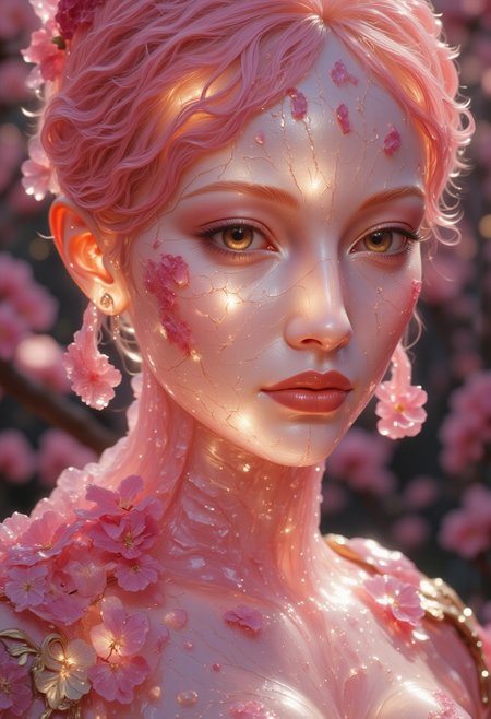 Close-up portrait of a statue of a an asian woman staring at the viewer. Her head and body are semi-translucent, polished Rose Quartz, with numerous, glowing, fine, hairline cracks covering the head and down her neck creating a statue-like effect. Her eyes are a light pink color, gold dust eye shadow, and her lips are a rich, gold-colored lipstick. The lighting focuses on the face, creating strong highlights and shadows. The background is softly blurred showing a sea of cherry blossoms petals, but is blurred and out of focus so all visual attention is on the woman's eyes, nose and mouth. Her pink, curly hair blends in with the background. The overall impression is one of dramatic beauty, with an almost otherworldly quality.  (((ultra-realistic style))), realistic soft lighting, eye-catching, atmospheric lighting, natural, shallow depth of field, (highlights: 0.8), high detail (dynamic, sincere, cinematic shot, film grain, bokeh, depth of field) <lora:FLUX-daubrez-DB4RZ-v2:1> DB4RZ, DB4RZ style painting