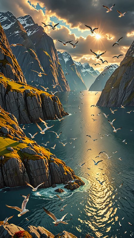 fjord, ocean, (seagulls:0.5),  high quality,8 k, masterpiece, vivid colors, dramatic lighting <lora:addMoreDetails:1> Ultra details++,add more details