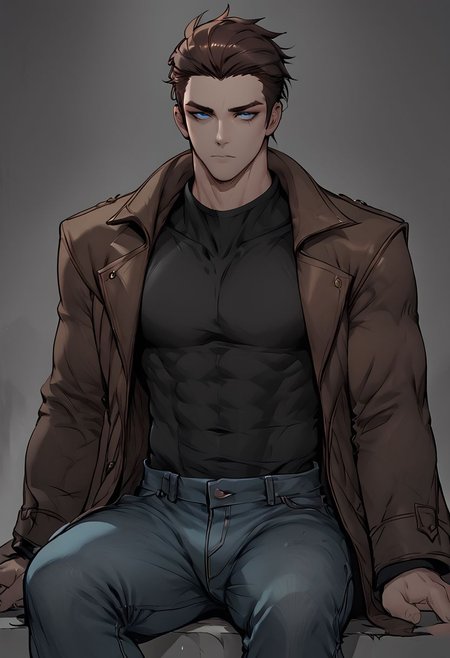 score_9, score_8_up, score_7_up, 1 man, shen, shen from league of legends, brown hair, muscular man, blue eyes, coat, jeans, black shirt, sitting alone, loneliness, silence, empty look, greyscale
