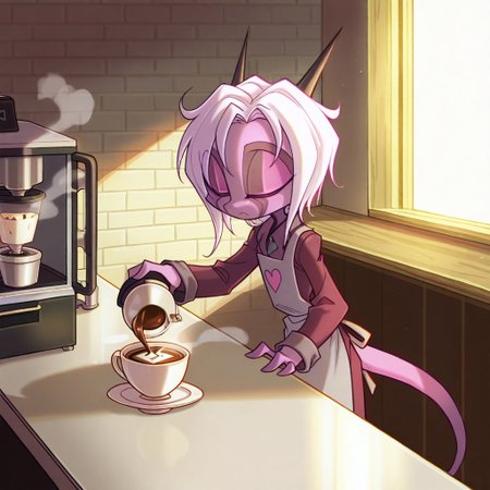 score_9, score_8_up, score_7_up,namah_calah,
1girl,solo,furry,tail, source_furry,horns,
 ,<lora:namah_calah_illustrious:0.8>,
child, kid, 
pouring steamed milk into a latte, creating a heart shape. A cinnamon stick rests on the saucer, and sunlight glints off the espresso machine, cafe, latte, steam, heart_shape, cinnamon, saucer, espresso_machine, apron, countertop, barista, coffee_cup, sunlight