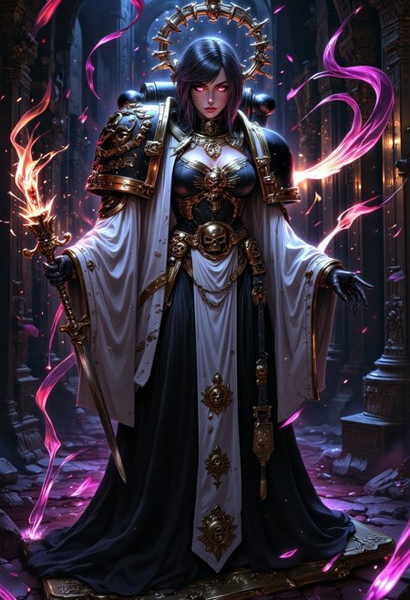 A beautiful sinister BlackT40k female space marine from Warhammer 40k, dressed in elaborate, flowing robes of black and white with gold embroidery decorated with the symbols of BlackT40k.  her eyes glowing with an eerie otherworldly red light. She is surrounded by swirling arcane flames and tendrils of chaotic energy,. The setting is an ancient temple of chaos filled with occult runes and glowing sigils with shadows that twist and warp. The mood is mysterious and foreboding with vibrant colors and intricate details conveying a sense of dark forbidden knowledge.
 Hyper detailed, aidmaGlow, aidmaMJ6.1, mythp0rt