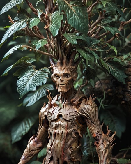 score_9, score_8_up, score_7_up, intricate details, rating_questionable,
<lora:homri52:1>,
<lora:Mandrake:1>, Mandrake, plant monster, leaves, bark, black eyes, yellow-brown bark
, looking at the viewer, solo, happy, 
red cloak, sleeveless tight bodysuit), outdoors, at night, darkness
,
masterpiece, 
detailed background, depth of field, 
<lora:ral-chrosc-clr:0.5>, ral-chrosc-clr,
<lora:Expressive_H:0.5>, Expressiveh,
<lora:xl_more_art-full_v1:0.3>,
<lora:add-detail-xl:0.3>,