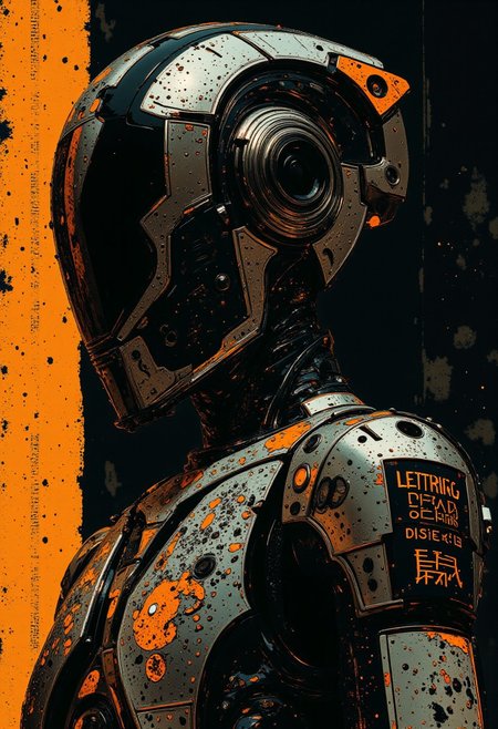 Highly detailed glitch art half-length portrait of a metallic robot. The robot’s matte metal body is composed of sharp, angular plates with gaps revealing glossy black latex beneath, creating a striking contrast between the rigid metallic exterior and the smooth, flowing latex underneath. The interplay of the exposed latex and layered metal plating adds depth and complexity to the design. The background features abstract digital elements, including fragmented texts, cascading glitch effects, and shifting digital distortion, enhancing the chaotic, futuristic atmosphere. Depth of field emphasizes the robot’s textures, highlighting the tension between the sharp edges of the metal and the glossy, flexible latex visible in the gaps. robotics lab detailed background, gradient smoke, showers of sparks from fused steel»
