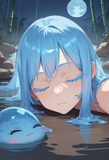 score_9, score_8_up, score_7_up, score_6_up, tsepmet_urumir_xl, rimuru tempest, slime girl, long hair, blue hair, partially submerged, lake, moonlight, bamboo, close-up, on stomach, peaceful, colored eyelashes, blue eyelashes, jirai kei, 
onsen, closed eyes, blue moon, serenity, dark, night, 
<lora:Rimuru_Tempest_XL_Pony:1>
<lora:Concept Art Twilight Style SDXL_LoRA_Pony Diffusion V6 XL:1>