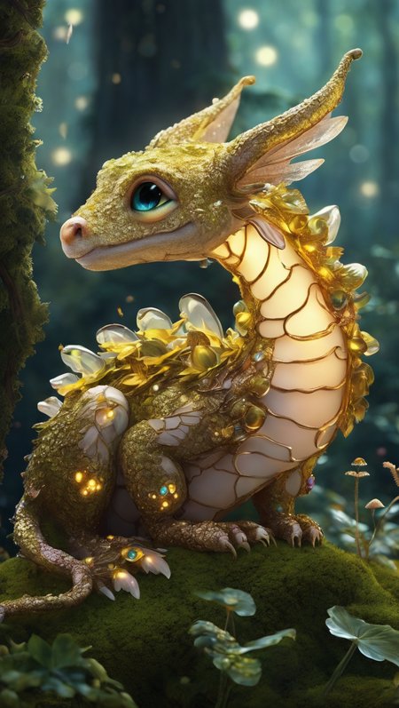 Cinematic, ultra-detailed 8k capture of a cherubic baby dragon nestled amidst a bed of luminescent mushrooms. Its iridescent scales shimmer in the dappled sunlight filtering through ancient, moss-covered trees. Tiny wings flutter with curiosity, while its large, round eyes, filled with wonder, gaze upwards at floating spores that resemble golden fireflies. A gentle curl of smoke rises from its snout, hinting at its fiery lineage, while its playful tail wraps around a nearby crystal, causing it to glow with a soft, magical light. The backdrop is an ethereal, enchanted forest, alive with the whispers of other fantastical creatures, creating a scene straight out of a fairy tale