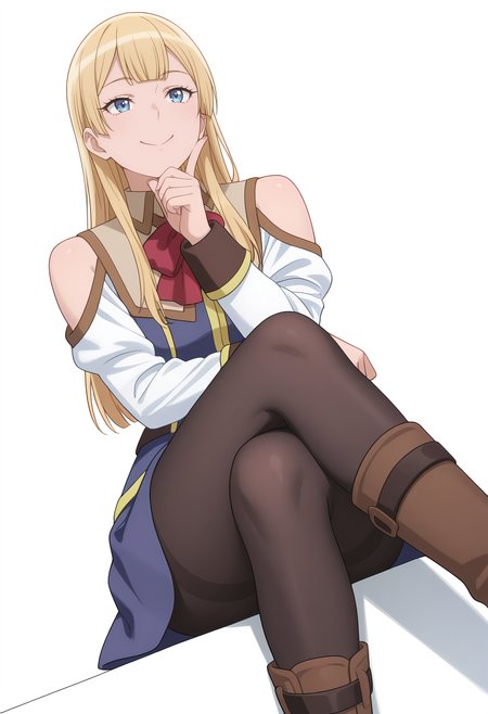 Smooth Quality,masterpiece,very intricate, high quality details, ultra realistic, high detailed skin,
simple background, white background,
dutch angle,c:,pointing up,sitting pose, legs crossed, one hand resting on chin, playful smile, relaxed shoulders,  ,
<lora:Rembrandt_Sifcnn:0.7> RembrandtSif/cnn, 1girl, solo, long hair, blonde hair, blue eyes,
pantyhose, skirt, black pantyhose,boots, uniform,