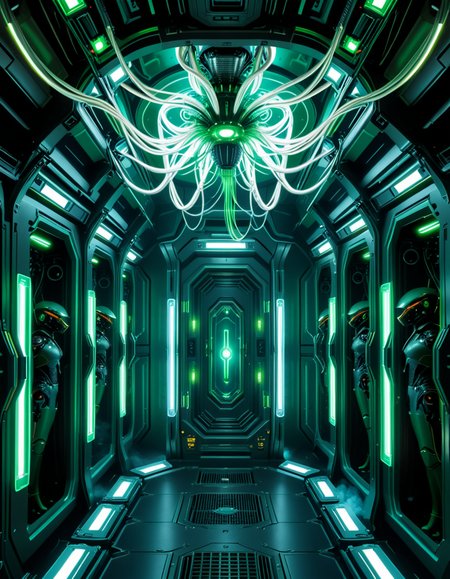 A dark, oppressive regeneration chamber deep within a Borg vessel â a biomechanical environment where drones return to recharge and interface with the collective. The chamber is dimly lit with pulsating green and white lights that flicker through dense shadows. The walls are lined with vertical alcoves, each containing a Borg drone standing motionless, plugged into the system via biomechanical tendrils, tubes, and neural interfaces embedded into their bodies.
The surfaces of the room are a fusion of metallic plating, organic texture, and cybernetic growths â as if the ship itself is alive, constantly shifting and adapting. Steam hisses softly from vents near the floor, and faint mechanical whirring echoes through the chamber. Fiber optic cables pulse with data transmissions, running across the ceiling like glowing veins. 
Above, a central neural conduit hangs like a mechanical spine from the ceiling, branching out and connecting to each alcove, feeding the collective hive mind with real-time information. The atmosphere is cold, sterile, and unnervingly silent â a place devoid of individuality, where only the will of the collective exists. There is no comfort here, only efficiency, order, and total control. 
<lora:SDXLFaeTastic2400:0.4> <lora:extremely_detailed:0.4> extremely detailed,<lora:borg_recharge_ch4mb3r:1>,borg recharge ch4mb3r, Masterpiece,best quality,hi res,8k,hi res,8k,award winning,(sharp focus, intricate, highly detailed),
