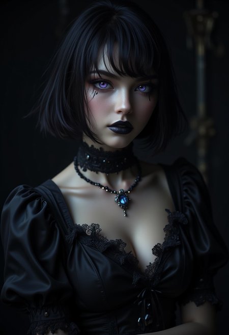 8k, masterpiece, best quality, highly detailed, hyper-realistic, A hyper-realistic portrait of a stunning supermodel, featuring a beautifully detailed face with captivating eyes and a serene expression, goth dress, frilled dress, large breasts, short hair, bob cut, parted from the middle, black hair, hair between eyes, dead eyes, soulless eyes, purple eyes, goth makeup, black lipstick, masterpiece, best quality, amazing quality, very aesthetic, high resolution, ultra-detailed, dark background, dynamic lighting, photorealistic detail, detailed face, detailed eyes, detailed hair, depth of field, scenery, volumetric lighting