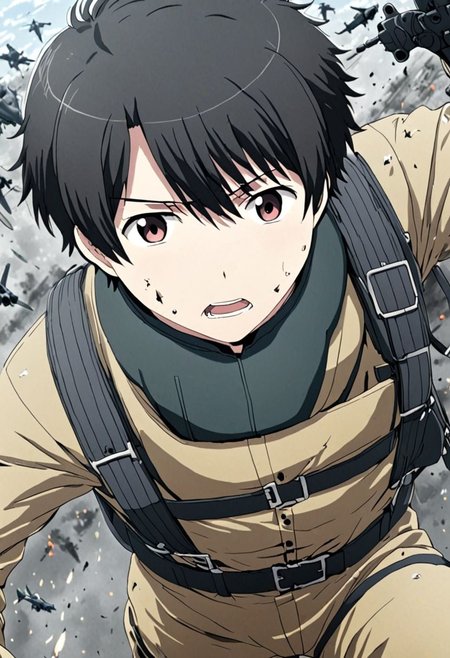 high resolution, solo, best quality, 1Boy, Inaho Kaizuka, Black Hair, military, action, OverallDetail
