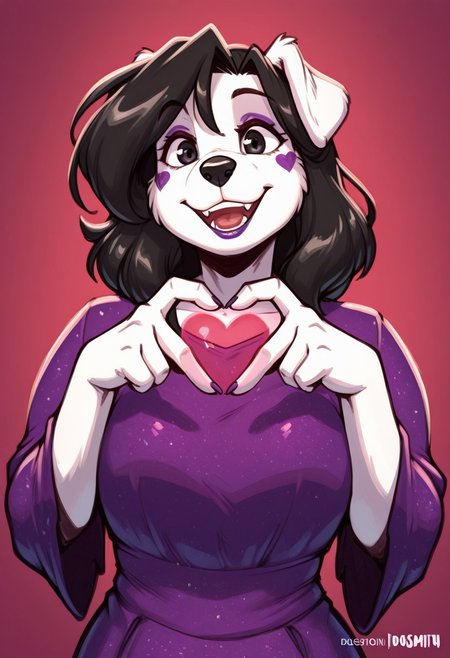 1girl, solo, medium build, medium hair, sfw, safe for work, covered skin, flowy dress,  black eyes, purple lipgloss, smiling, portrait, upper body, heart hands, foreshortening, detailed, newest,dogsmith, furry female, furry, anthro
