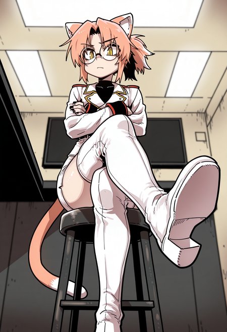 solo, 1boy, trap, flat chest, skinny, (light orange cat ears, light orange cat tail), ponytail, air_ bangs, (light orange hair), yellow eyes, slit pupils, round glasses,
thigh boots, thighhighs, white footwear, millitary outfit,Military jacket, white jacket, military skirt, pencil skirt, white skirt, black nails,
sitting, crossed legs, crossed arms, looking at viewer, feet focus,
from below, stool, (front view), indoors, scifi,
<lora:parkgeeIL-style:1>,parkgee,masterpiece,best quality,amazing quality, 2D,  line art,