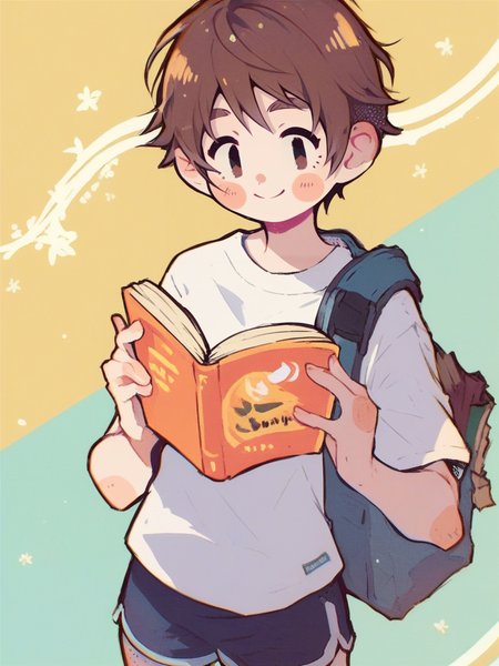 score_9, score_8_up, score_7_up, cute girl, tomboy, shorts, white shirt, short hair, brown eyes, reading a book, looking at viewer, cowboy shot, smile, cute, wide shot, solo, dutch angle, detailed background, 
 <lora:ANemupan_style:1>, Nemupan,