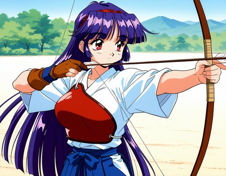general,highres, ultra-detailed,very aesthetic,best quality ,best hands,  BREAK  <lora:Shiraishi_Yumiko_IS:1>ShiraishiYumiko, long hair, red eyes, red hairband, purple hair, large breasts, blunt bangs,
1girl, bow (weapon), weapon, holding bow (weapon), solo, gloves, 1990s (style), holding weapon, retro artstyle, holding, arrow (projectile), japanese clothes, kyuudou, archery, drawing bow, holding arrow, yugake, hakama, muneate, hakama skirt, partially fingerless gloves, single glove, fingerless gloves, skirt, blue hair