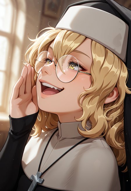 masterpiece, best quality, 32k, high resolution, absurdres 
1girl, solo, mack, blonde hair, glasses, yellow eyes, 
 habit, nun , nun dress, cross necklace, 
closeup, closeup to face, portrait, outside border, laughing, open mouth
indoors
light particles, dynamic angle,  cinematic angle, various angles, detailed background, beautiful background, (rays light:1.0),(grow:1.0) vivid colors, shiny and glossy, anime style, high-res, beautiful aesthetic, very intricate, high-quality details, vibrant, 
<lora:add-detail-xl:1.10> <lora:spo_sdxl_10ep_4k-data_lora_webui:0.95> <lora:noobai_ep11_stabilizer_v0.138_fp16:0.6> <lora:StS-Illustrious-Detail-Slider-v1.0:1.10> <lora:cfg_scale_boost:0.95> <lora:nyalia:0.20>  <lora:MacKillop_illustrious:0.8>