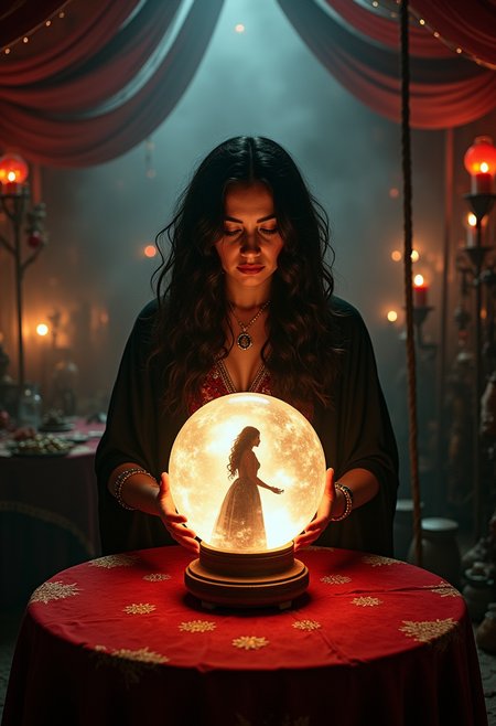 A gypsy romanian woman dark hair in gypsy clothing inside a smokey romanian carnival tent filled with curiosities and oddities, in front of the woman is a circular table with a red tablecloth and a mystical magical crystal ball in the center radiating and pulsating magical energy with a silhouette of a woman inside the crystal ball