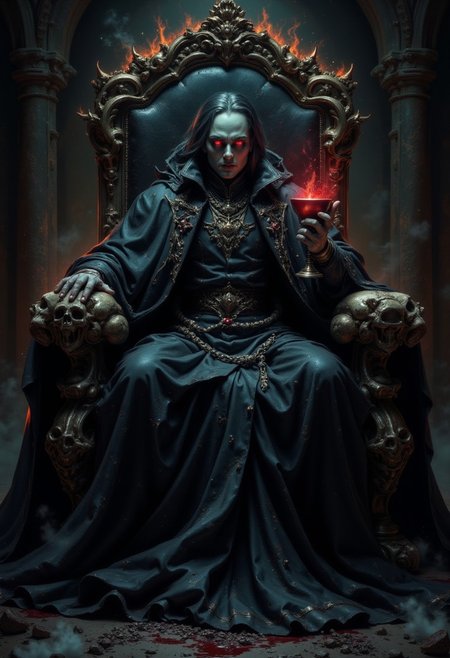 dark fantasy, eerie, horror, An ancient and powerful vampire lord, with pale skin and glowing red eyes, sits regally on a throne made entirely of human skulls. His long black cloak drapes over the throne, blending into the shadows surrounding him. He holds a gleaming, ornate goblet filled with dark crimson blood in one hand. The throne room is dimly lit, with flickering torches casting ominous shadows on the stone walls covered in dark gothic carvings. His expression is one of cold dominance and arrogance, while faint wisps of fog swirl at his feet, adding to the eerie atmosphere