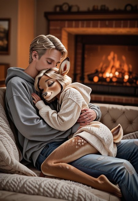 Realistic male human and female fawn furry, 1girl, 1boy, duo, petite sexy fawn furry with fluffy dotted fur, short bob-cut hair, realistic texture, ears perked up, wearing a cozy oversized sweater, human man with short blond hair in casual jeans and a hoodie, cuddling on a couch, soft blankets around them, fireplace casting a warm glow, peaceful and relaxing atmosphere, cinematic realism, high quality, close-up shot, slightly tilted angle, affectionate, tender..