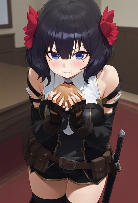 modare, 1girl, blue eyes, short hair, black hair, hair ribbon, blush, breasts, short dress, white shirt, lace trim, sleeveless, detached sleeves, fingerless gloves, shorts, thigh boots, belt, pouch, scabbard, closed mouth, cowboy shot, eating, food, food on face, hair between eyes, indoors, large breasts, looking at viewer, mole, mole under eye, solo, standing, desk, carpet