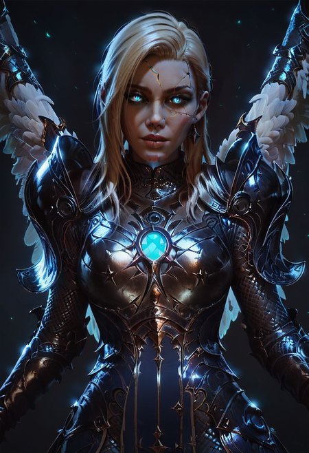 score_9, score_8_up, score_8, 1girl, smooth, dameaylin, cracked gold skin, pale white skin, blonde hair,  highly detailed, perfect, high quality, high definition, looking at viewer, sullen, concept art, realistic, dark theme, low light, black angel wings, dark forest, glowneon, glowing, blue glow, wearing armor, blue glow shining down from above