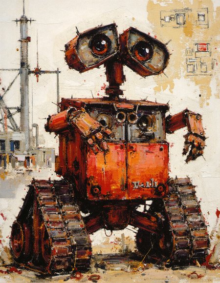 Oil Paintings by Nicolai Fechin, Fechin, wall-e, 
A highly detailed, expressive robot with large, soulful eyes that convey a deep sense of curiosity and melancholy, its worn-down red metal body covered in scratches, rust, and patches of grime, giving it a weathered, post-apocalyptic charm. The intricate mechanical parts, including gears, pistons, and hydraulic joints, are masterfully rendered with fine ink lines, blending seamlessly with the splattered watercolor background that creates a raw, hand-painted aesthetic. The robot’s tracks, rugged and heavily used, are embedded with dirt and debris, while subtle streaks of oil drip from its joints, blending into the chaotic splashes of paint that surround its form. The background is a fusion of dystopian and abstract elements, with faint blueprints of machinery, industrial textures, and faded remnants of a once-thriving civilization sketched in a loose, gestural manner, adding depth to the composition. The color palette is dominated by earthy tones, with rich browns, deep reds, and metallic grays blending harmoniously with expressive paint drips and ink splatters, evoking a sense of nostalgia and loneliness. The robot's posture is slightly tilted, its head raised as if yearning for something beyond its mechanical existence, encapsulating the essence of a forgotten machine navigating a world that has long moved on without it.
 <lora:fechin-FLUX:0.75>