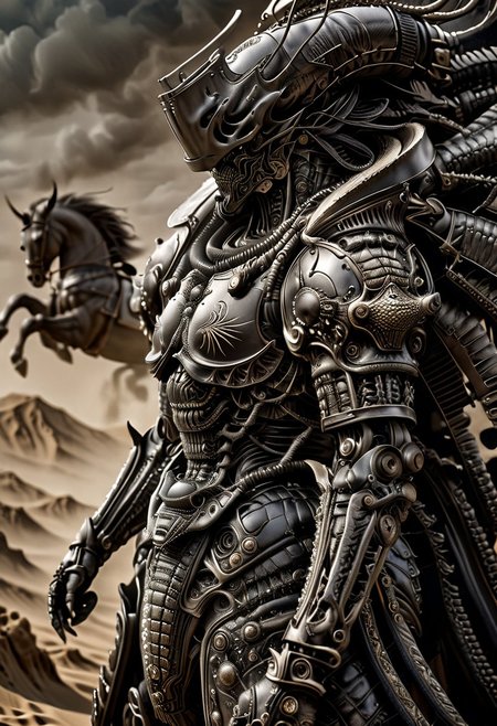 stunning, magnificent, HD, photorealistic, samurai, dramatic lighting, solo, standing alone in a desert, intricate details, intricate armor, intense gaze, mythical, legendary, powerful, ((dark, evening)), cinematic, close-up, art by hr giger,
 armor, science fiction, no humans,
 vintage painting,painting,realism,Americana art,artistic style
