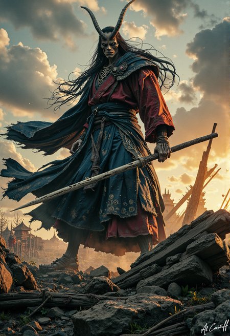 High-angle Dutch tilt shot, 14mm fisheye lens with pronounced barrel distortion, intense motion blur on the subject's flowing robes, deep f/1.4 depth of field. A towering, imposing figure with a gaunt, skeletal face and piercing emerald eyes stands atop a crumbling temple's remains, wearing a tattered, crimson-dyed hakama and a billowing, dark indigo kimono with intricate, silver-thread embroidery. The figure's long, black hair flows behind them like a dark river, as they hold a razor-sharp, curved naginata at a 45-degree angle, its wooden shaft splintered and worn. The air around them is alive with the whispers of ancient, forgotten knowledge. Warm, golden light spills from a setting sun, casting long shadows across the ruined landscape. A faint, ethereal glow emanates from the figure's kimono, as if the very fabric of reality is beginning to unravel around them., l1n0c2t<lora:Flux/Linocut - s1 g4.safetensors:0.25000000000000006:0.25000000000000006> <lora:CustomFlux/MysticRealism.safetensors:1.0000000000000002:1.0000000000000002>