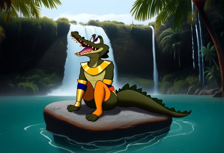 Tick tock crocodile,male animal focus,tail, crocodile open large mouth ,green skin, blue eyes, Tick Tock the crocodile is giant and very huge size,teeth, swimming in water,partially submerged,Tick Tock the crocodile looking at a Patrak from pacman who she is sitting on rock cliff. Reinforcement Tags: forehead mark, egyptian, tail, animal ears, purple eyes, black fur, furry, furry female, body fur, makeup, animal nose, black skin
For her Outfit : toeless legwear, yellow legwear, thighhighs, vambraces, belt, orange belt, multicolored belt, short dress, yellow dress, jewelry, earrings,open mouth,river,palm trees, jungle,temple, waterfall
