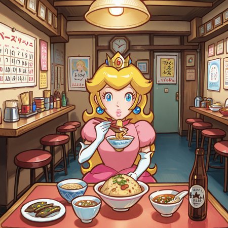 superp, 1girl, blonde hair, crown, long hair, pink dress, elbow gloves, jewelry, earrings, brooch, solo, blue eyes, lips, , machichuka, indoors, restaurant, table, chair, lamp, counter, stool, poster (object), calendar (object),, food, chopsticks, spoon, bowl, plate, cup, saucer,, noodles, ramen,, chinese-style fried rice, chahan,, japanese dumplings, gyoza,, mapo tofu, stir-fried vegetables, yasaiitame, beer, alcohol, bottle, cup, rice bowl, soup