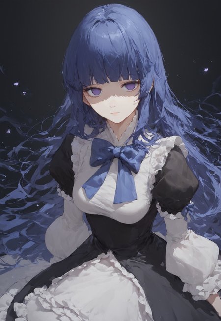 zPDXL3, score_9, score_8_up, score_7_up, ASCII, masterpiece,frederica bernkastel, umineko no naku koro ni, 1girl, black background, black dress, blue hair, blunt bangs, bow, dress, empty eyes, expressionless, frilled dress, frills, hair over shoulder, long hair, looking at viewer, puffy sleeves, purple eyes, solo, straight hair