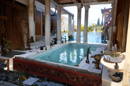 highly insanely detailed, masterpiece, top quality, best quality, highres, 4k, 8k, RAW photo, (very aesthetic, beautiful and aesthetic),  
Ancient Roman Interior Design,RomInt,ancient_roman_bathroom,Balneum,open_air_light,intimate_space, 
<lora:RomanInterior-10:1>, 
(1girl:1.3), 
1other, 
, 
absurdly long hair,wolf tail hairstyle,cascading waves hair,wild hair, 
, 
snowy, 
,âââ