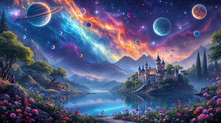 colourful planets and moon and stars and space in the background, a tome, zoomed out, full veiw, hyperealistic, fantasy castlle sitting in a magical jungle in the background, a lake in the background, dinstant galaxies, flowers blowing in the wind, misty mountains in the background, auroa borealis, birds flying in the sky, a unicorn in the distance, small village in the foreground, nighttime, night, dark lighting, gloom, mist of the water, elven woman in a purple dress, far away in the forest,