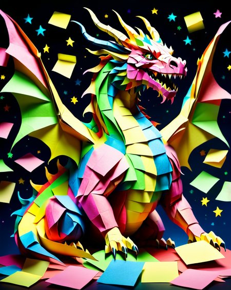 a massive colorful dragon made out of  Jed-StickyN, dynamic pose, fantasy, epic, ultra wide shot, zoomed out, front view, 
<lora:StickyNotesStyle:1>,  <lora:add-detail-xl:0.7>,  <lora:sd_xl_dpo_lora_v1:1>, <lora:xl_more_art-full_v1:0.3>,  set against a  background of a starry sky,
