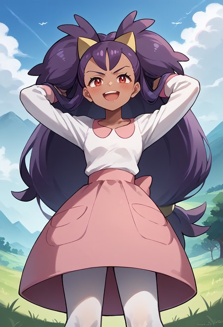 <lora:pony_good_hands:1>, <lora:Anime Style 2 SDXL_LoRA_Pony Diffusion V6 XL:0.3>, score_9, score_8_up, score_7_up, source_anime, good_hands, <lora:ExobeloStyle:0.7>
outdoors, landscape, grass, from below,
<lora:IrisPokemonIXL:1>, 1girl, solo, iris \(pokemon\), dark skin, long purple hair, big hair, hair ornament, white leggings, long sleeves, miniskirt, pink skirt,
<lora:Expressive_H:0.65>, red eyes, looking at viewer, blush, smug, smile, open mouth,  
standing, arms behind head,