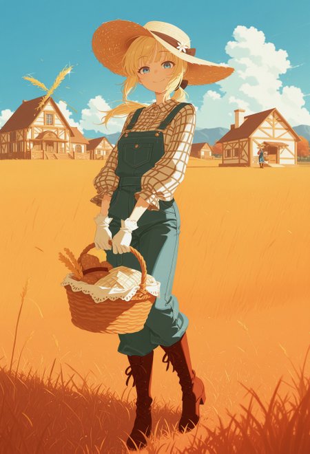 manga-style,manga panel aesthetic, film grain 
(masterpiece), best quality, amazing quality, aesthetic, flat color, no lineart, blending,
, 1girl, blonde,blue eyes,loose ponytail,wide brimmed straw hat,long-sleeved plaid shirt,red with black checkered patterns,denim overall, white glove,brown high boot, outdoors, sky, day,cloud,wind, grass, cloudy sky, autumn, field, house, holding a basket ,bright, joyful smile,eyes sparkle, morning sun.
blue sky, flwhite clouds,a beautiful autumn morning, blurry, detailed background 
<lora:illustrious_flat_color_v2:1>