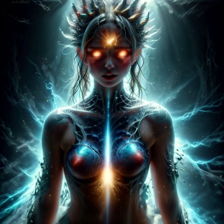 Create a fantasy portrait of a mystical female figure with deep blue skin adorned with golden and turquoise textures, resembling tribal patterns. Her hauntingly vibrant yellow eyes should pierce through the dimly lit, smoky background. Intricate dark blue veins, resembling tree branches, web across her face and neck. This enigmatic figure dons a weathered teal turban, with strands of wispy white hair escaping at the edges. Her ears are elongated and decorated with large, ornate earrings made of aged bronze with cobalt blue accents. Her presence is emphasized by the mystical, ornate staff she grips firmly in her right hand, looming tall and crafted from ancient, corroded metal with an eerie glow. She wears a tattered, earth-toned robe draped over her slender form. Her lips are cracked, hinting at a powerful, sinister whisper. The ominous atmosphere is amplified by a subtle glow, suggesting unseen powers at play. Bygobi.Include a mystical amulet with an etched symbol on her forehead and a prominent, gothic ring on her finger. The overall composition should evoke an air of dark sorcery and enigmatic wisdom.